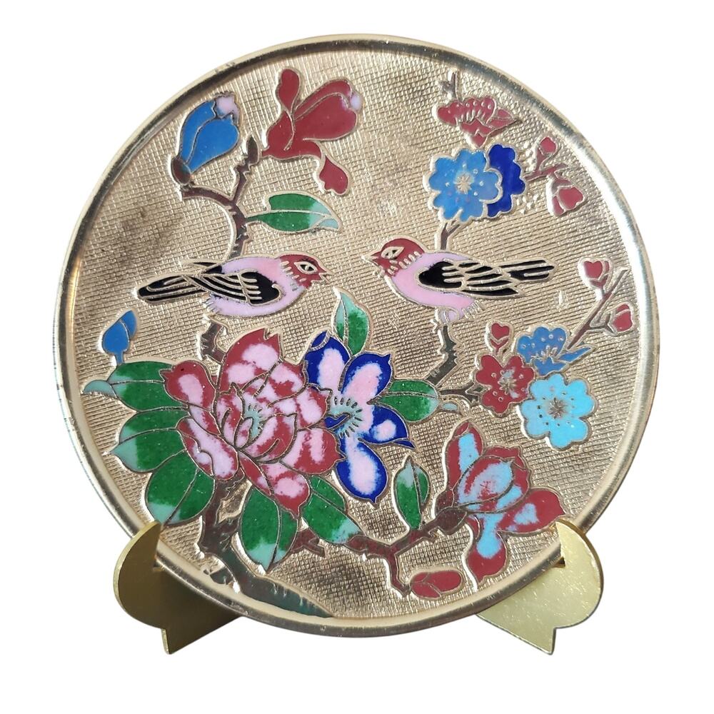 Vintage Chinese Cloisonne Enamel Plate & Stand Adults 4" Boxed Collectible Decor